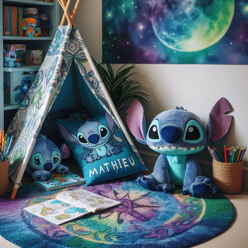 Coin lecture pour enfant inspiré de Stitch avec des tons bleus, verts et violets, tapis doux orné de motifs exotiques, peluches Stitch et ses amis, et un tipi décoratif