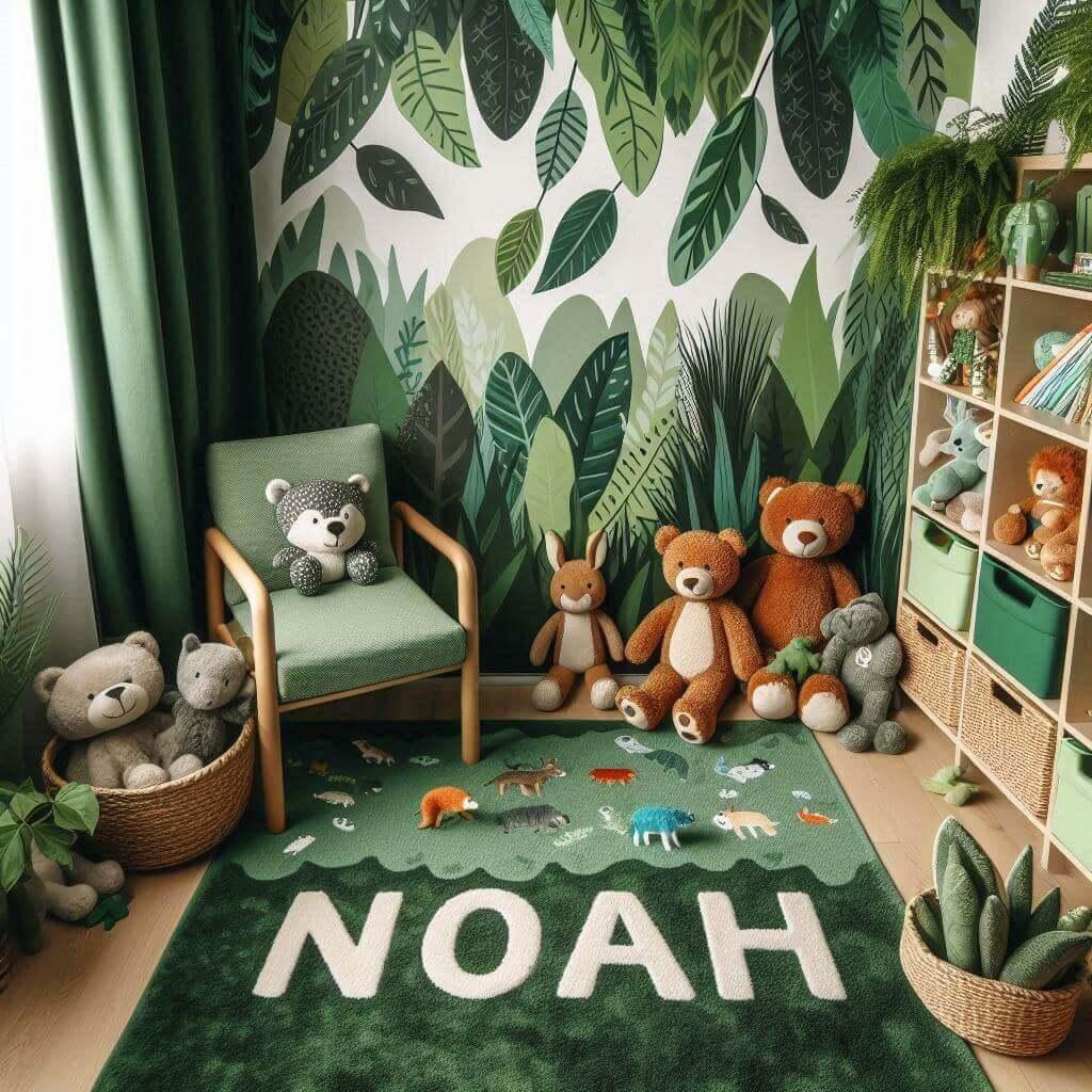 decoration animaux de la foret, coin jeu pour enfant, prenom noah