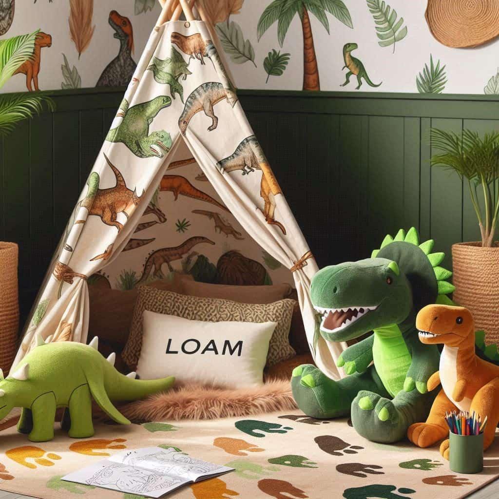 Un coin lecture pour enfant sur le theme des dinosaures avec des tons verts bruns et jaunes evoquant la prehistoire personnalise avec le nom loam