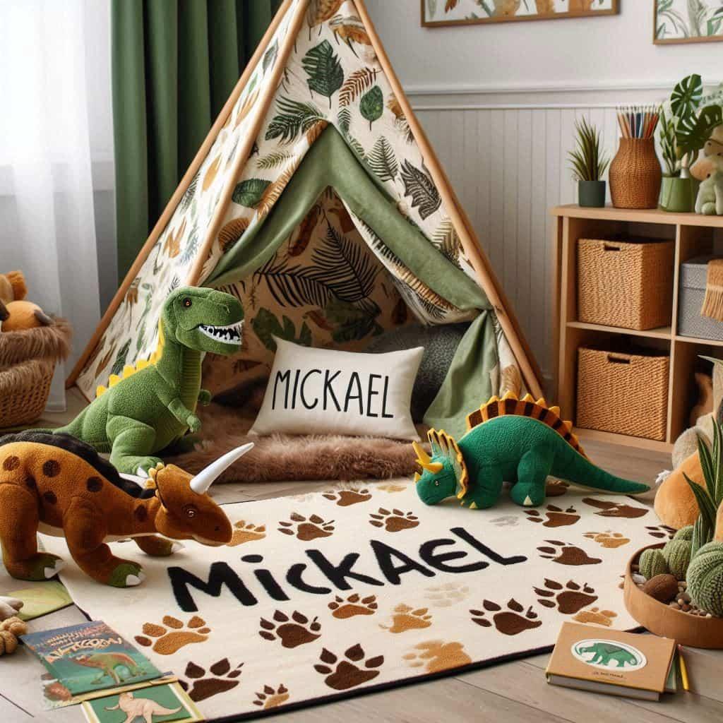 Un coin lecture pour enfant sur le theme des dinosaures avec des tons verts bruns et jaunes evoquant la prehistoire personnalise avec le prenom mickael