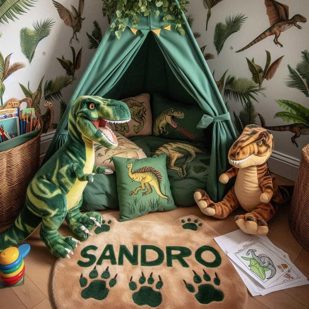 Un coin lecture pour enfant sur le theme des dinosaures avec des tons verts bruns et jaunes evoquant la prehistoire personnalise avec le prenom sandro
