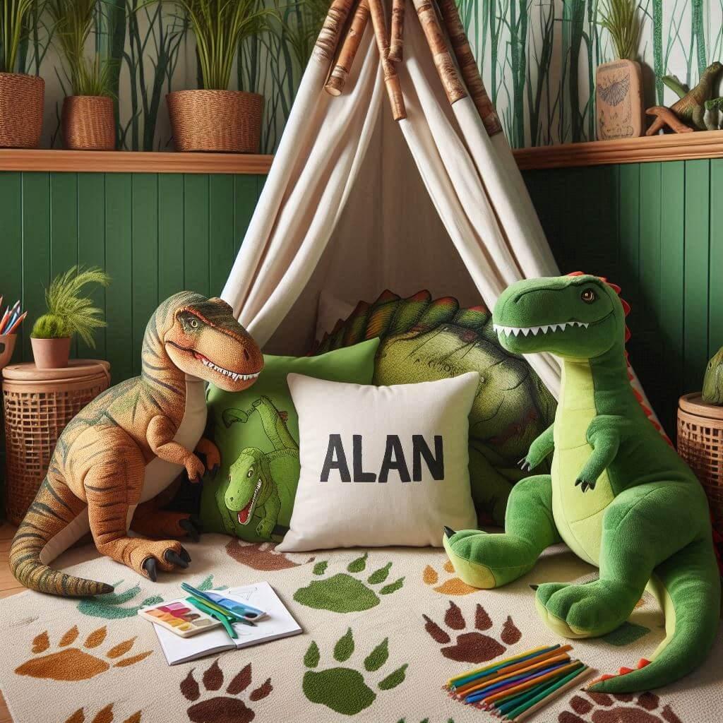 Coin lecture dinosaure pour enfant prénommé Alan avec tapis empreintes, peluches T-Rex et Tricératops, déco préhistoire dans les tons verts, bruns et jaunes