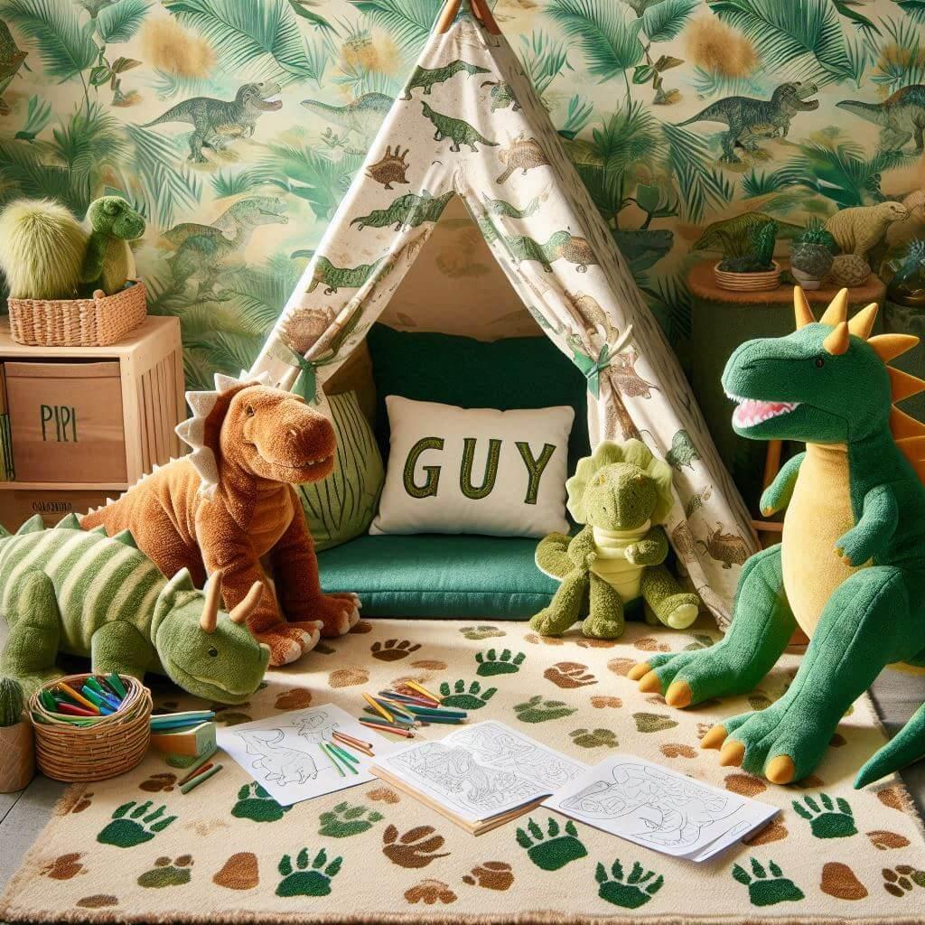 Un coin lecture pour enfant sur le theme des dinosaures avec des tons verts bruns et jaunes evoquant la prehistoire un tapis doux orne de motifs d empreintes de dinosaures et des p