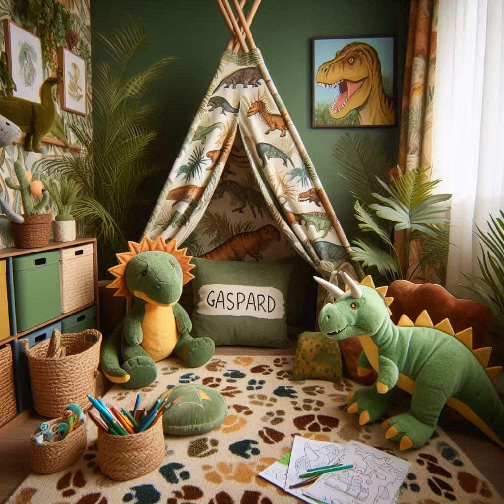 Un coin lecture pour enfant sur le theme des dinosaures avec des tons verts bruns et jaunes evoquant la prehistoire un tapis doux orne de motifs d empreintes de dinosaures et des p