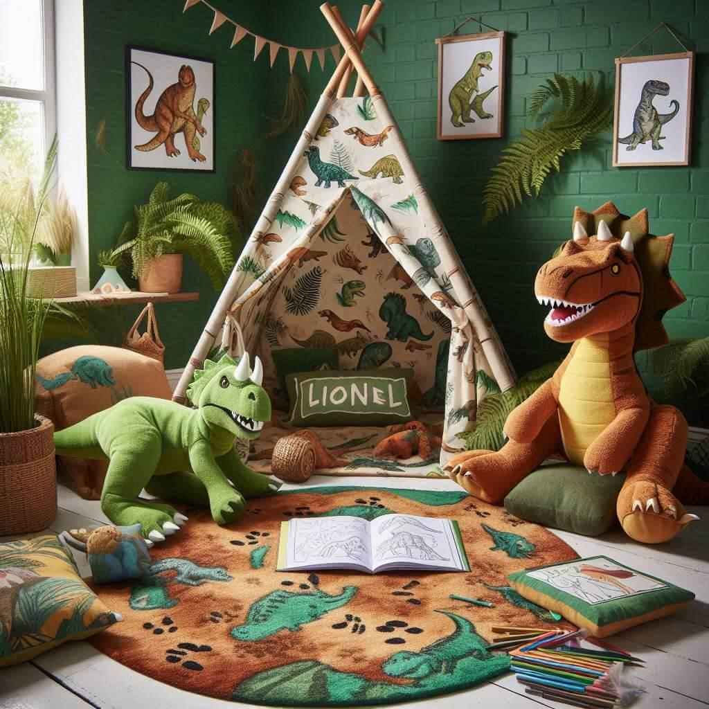 Coin lecture enfant thème dinosaures, tapis empreintes, peluches T-Rex et Triceratops, tons verts bruns jaunes