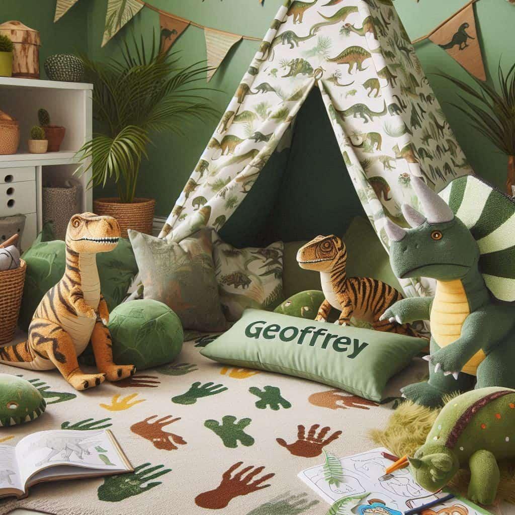 Un coin lecture pour enfant sur le theme des dinosaures personnalise avec le prenom geoffrey avec des tons verts bruns et jaunes evoquant la prehistoire