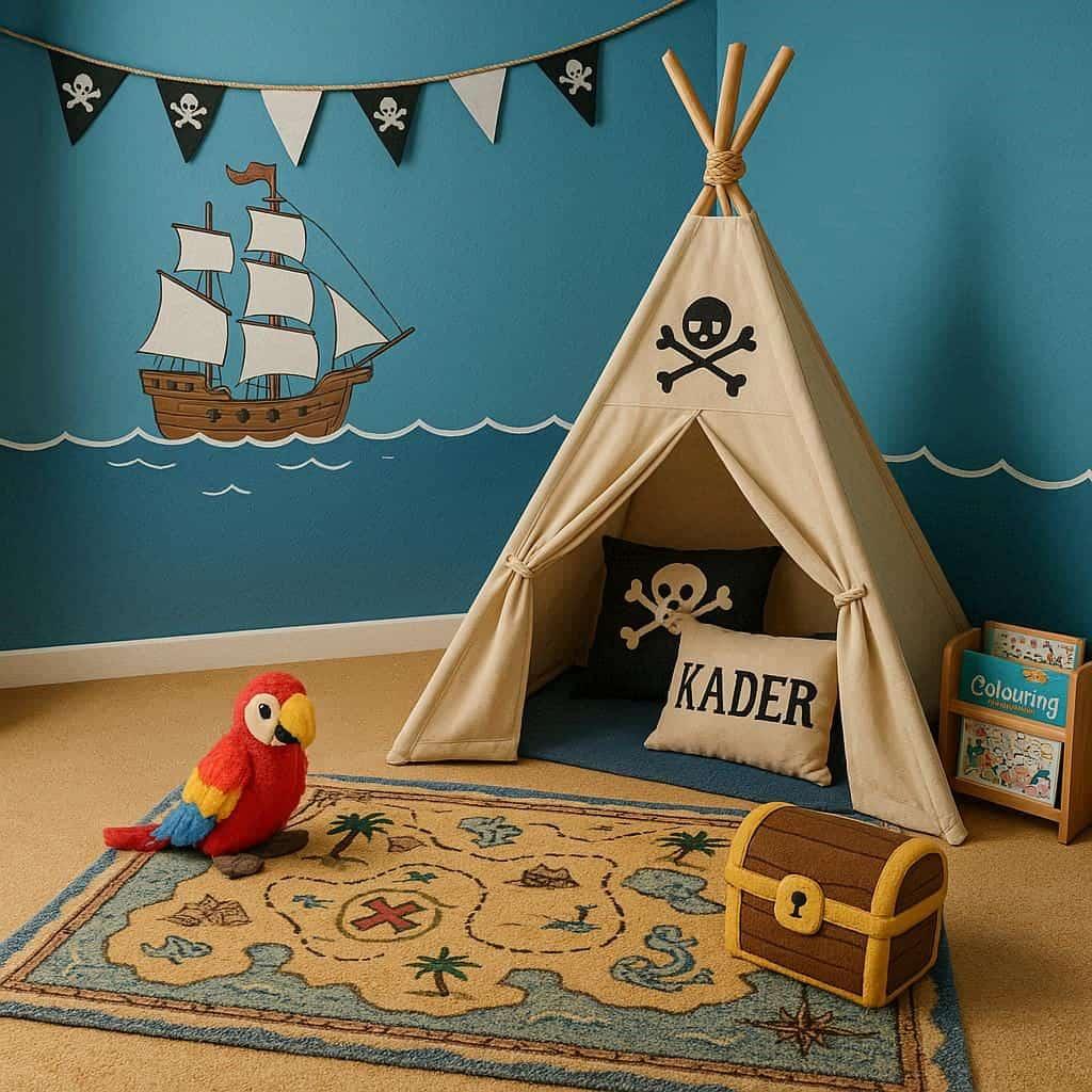 Un coin lecture pour enfant sur le theme des pirates avec des tons bleu ocean et sable dore prenom kader