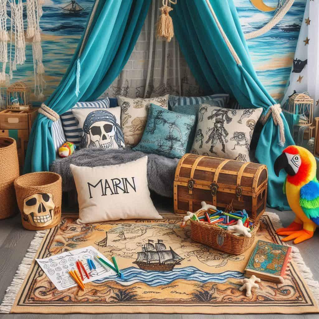 Coin lecture enfant sur le thème des pirates avec tons bleu océan et sable doré, tapis motif carte au trésor et peluches perroquet, personnalisé pour Marin