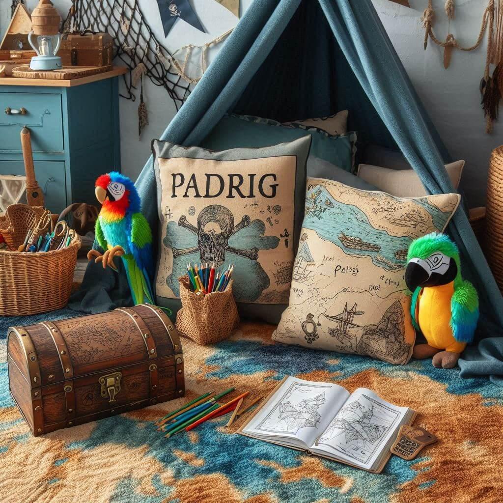 Coin lecture enfant thème pirates avec tapis carte au trésor, peluches perroquet et coffre, déco bleu océan et sable doré