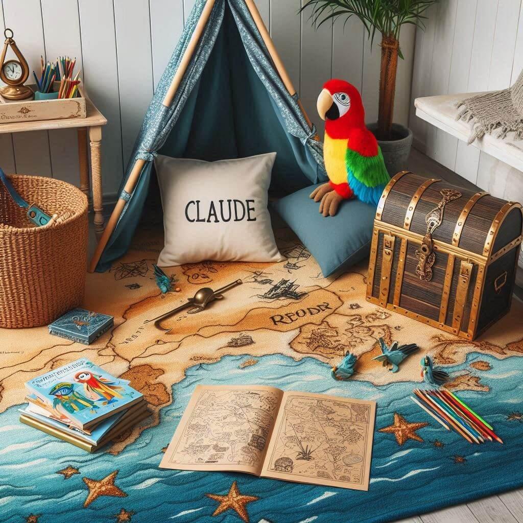 Coin lecture enfant sur le thème pirates, tons bleu océan et sable doré, tapis carte au trésor, peluches perroquet et coffre, ambiance ludique