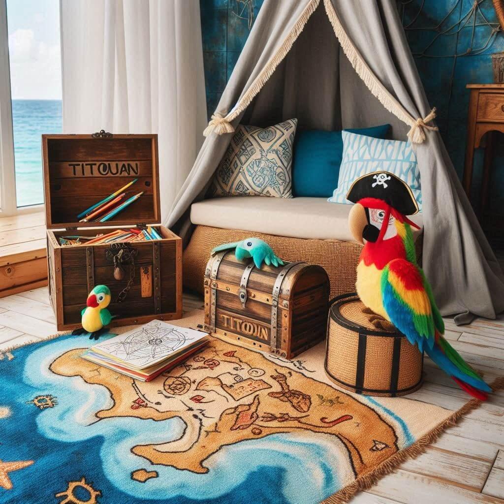Un coin lecture pour enfant sur le theme des pirates avec des tons bleu ocean et sable dore un vieux tapis orne d un motif de carte au tresor et des peluches en forme de perroquet