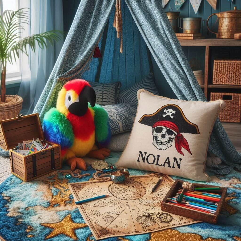 Coin lecture pour enfant sur le thème des pirates, avec tapis carte au trésor, peluches perroquet et coffre, dans une chambre de Nolan aux tons bleu océan et sable doré