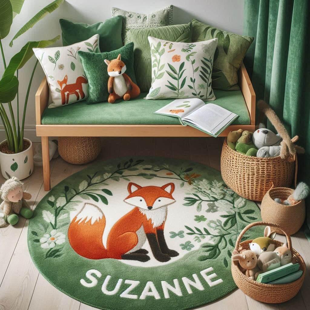 Coin lecture enfant sur thème des renards, tons verts végétation, tapis motif feuilles, peluches animaux de la forêt, ambiance ludique et apaisante.