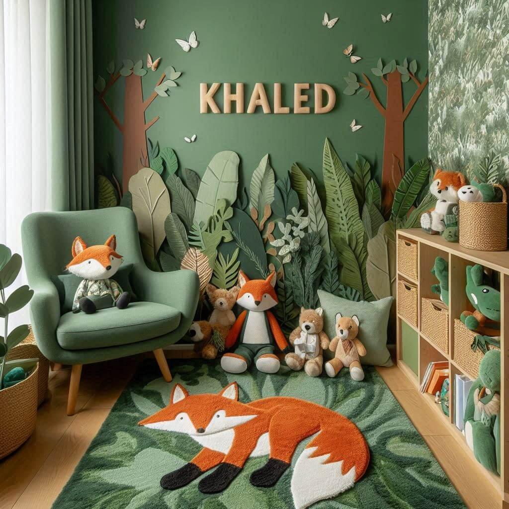 Un coin lecture pour enfant sur le theme des renards avec des tons verts evoquant la vegetation luxuriante un tapis orne dun motif de feuilles et des peluches animaux de la foret a