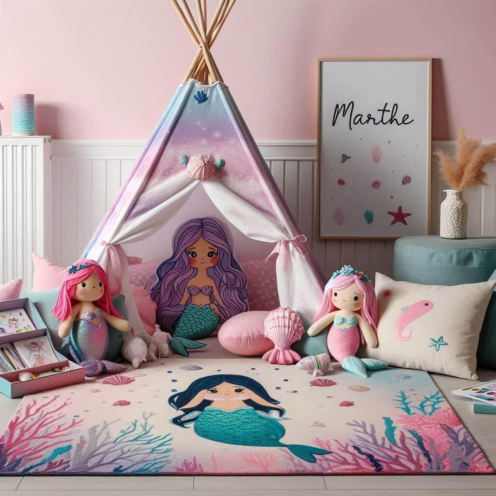 Un coin lecture pour enfant sur le theme des sirenes avec des tons roses violets et bleus aquatiques un tapis doux orne de motifs marins et des peluches de sirenes coquillages et e