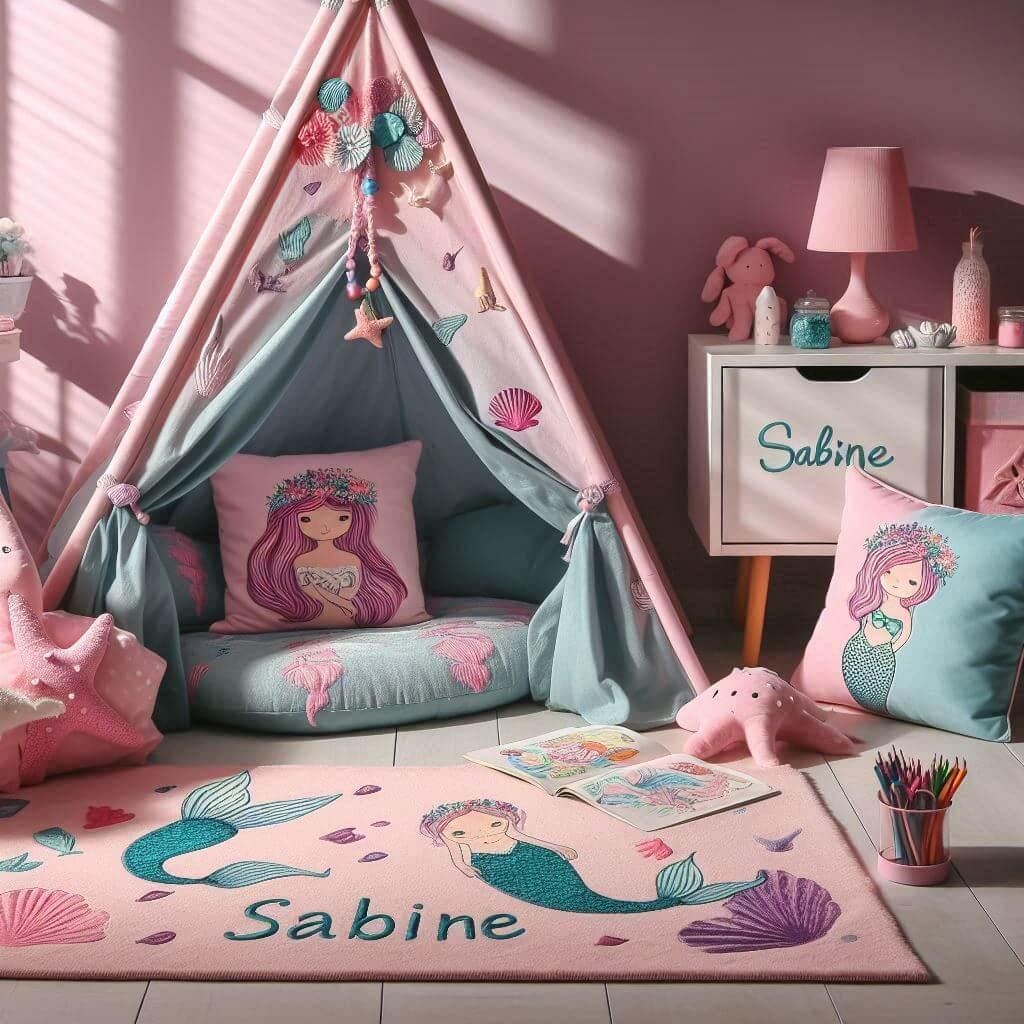 Un coin lecture pour enfant sur le theme des sirenes avec des tons roses violets, prénom sabine