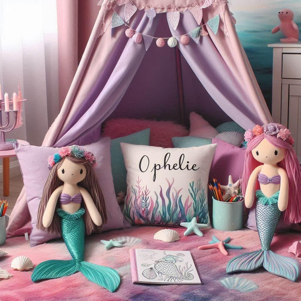 Un coin lecture pour enfant sur le theme des sirenes avec des tons roses violets et bleus aquatiques un tapis doux orne de motifs marins et des peluches de sirenes coquillages et e