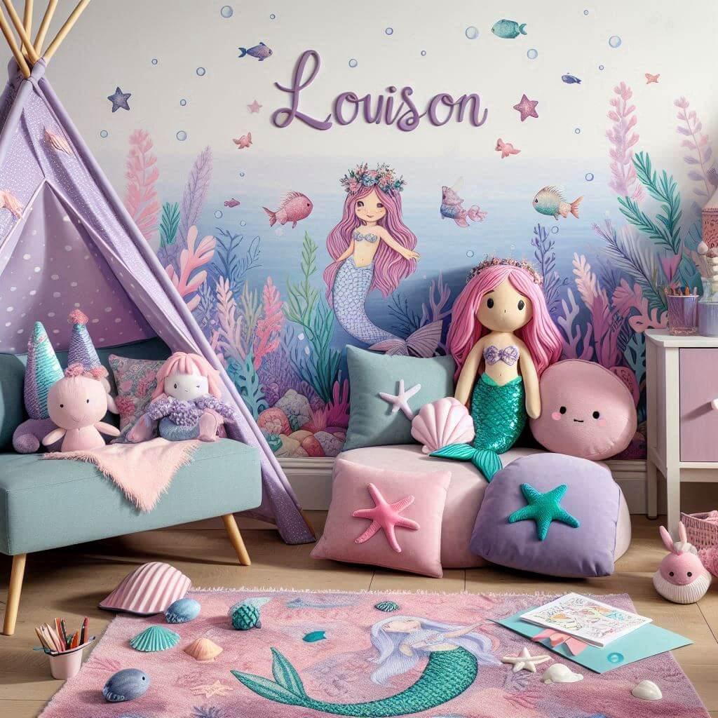 Un coin lecture pour enfant sur le theme des sirenes avec des tons roses violets et bleus aquatiques un tapis doux orne de motifs marins et des peluches de sirenes coquillages et e