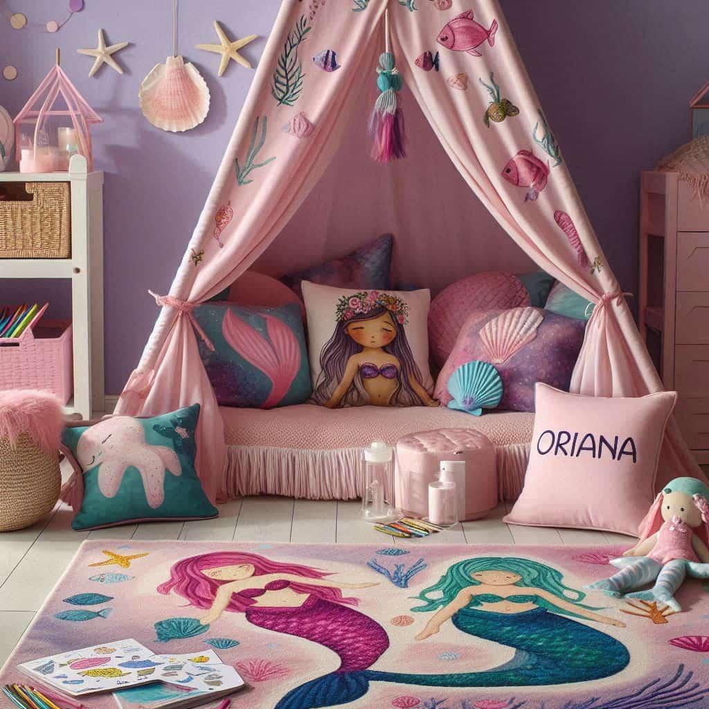 Un coin lecture pour enfant sur le theme des sirenes avec des tons roses violets et bleus aquatiques un tapis doux orne de motifs marins et des peluches de sirenes coquillages et e