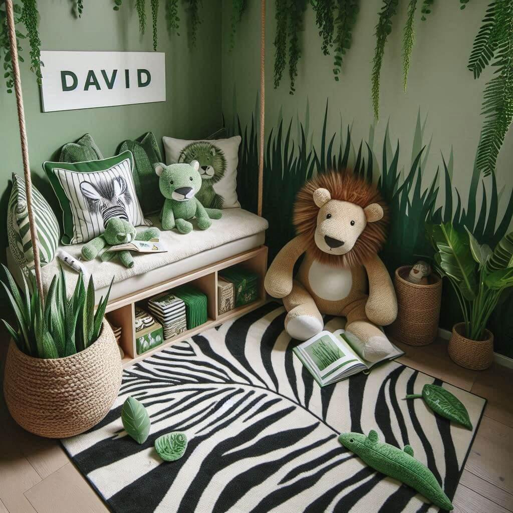 chambre enfant theme jungle, prenom david, coin lecture végétal