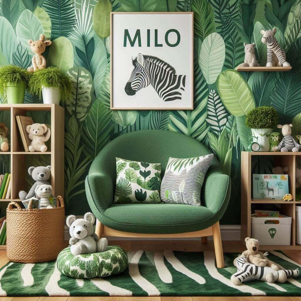 Un coin lecture pour enfant theme jungle tropicale avec le prenom milo en personnalisation