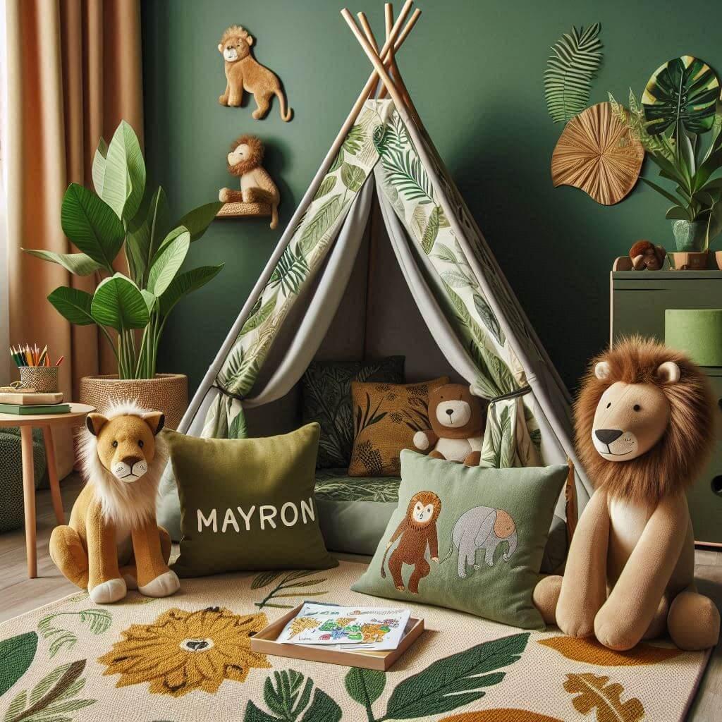 Coin lecture enfant decoration Livre de la Jungle avec peluches et tapis feuillage, prenom mayron