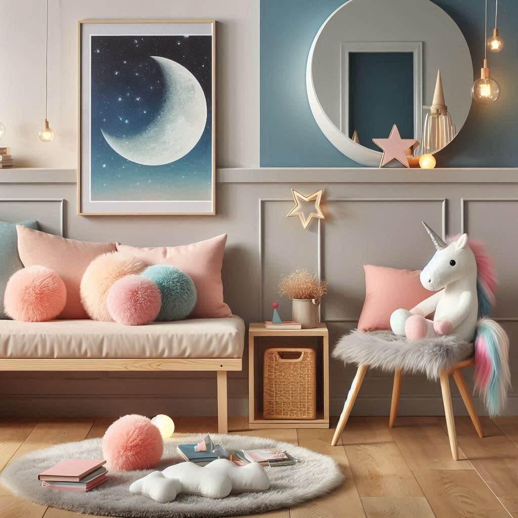 Un coin lecture pour enfant un mur bleu pastel et gris des meubles en bois clair et des accessoires en rose doux pour une atmosphere paisible et equilibree avec une affiche de come