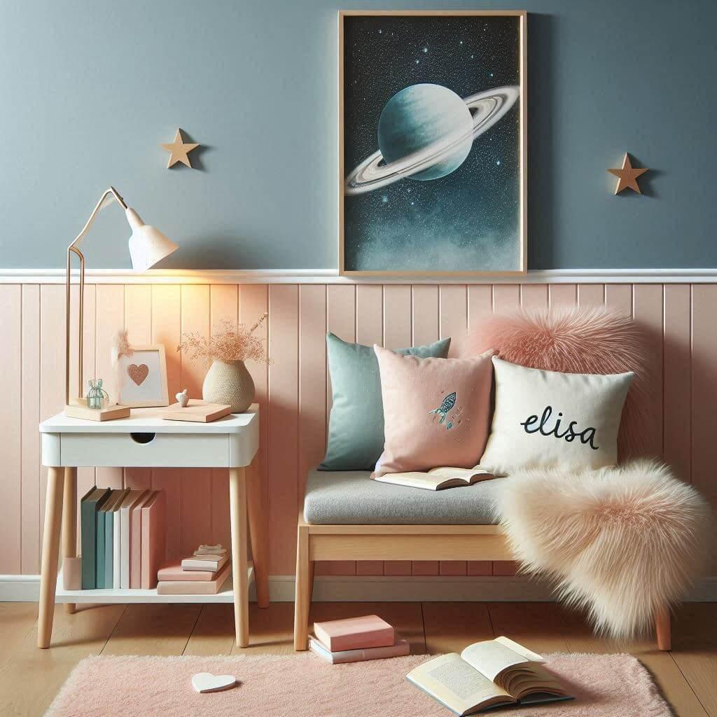 Un coin lecture pour une petite fille un mur bleu pastel et gris des meubles en bois clair des accessoires en rose doux pour une atmosphere paisible et equilibree une affiche de co