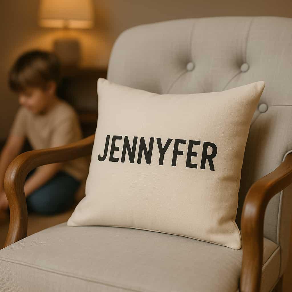 Un coussin avec le prenom jennyfer sur un fauteuil elegant on voit un enfant en arriere plan