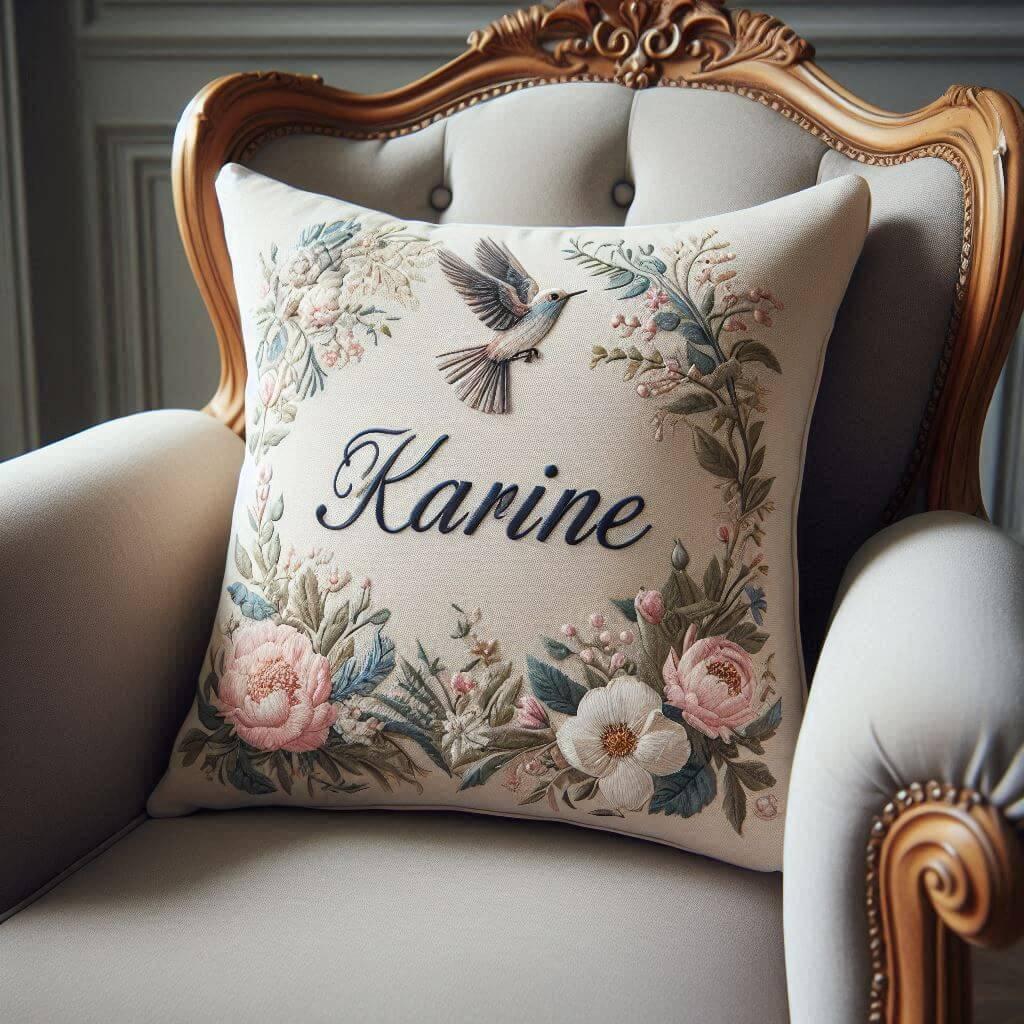 Un coussin avec le prenom karine sur un fauteuil elegant 1