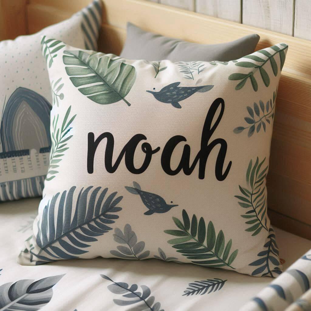Un coussin avec le prenom noah sur le lit dun enfant motifs feuilles