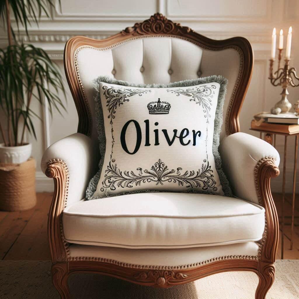 Un coussin avec le prenom oliver sur un fauteuil elegant