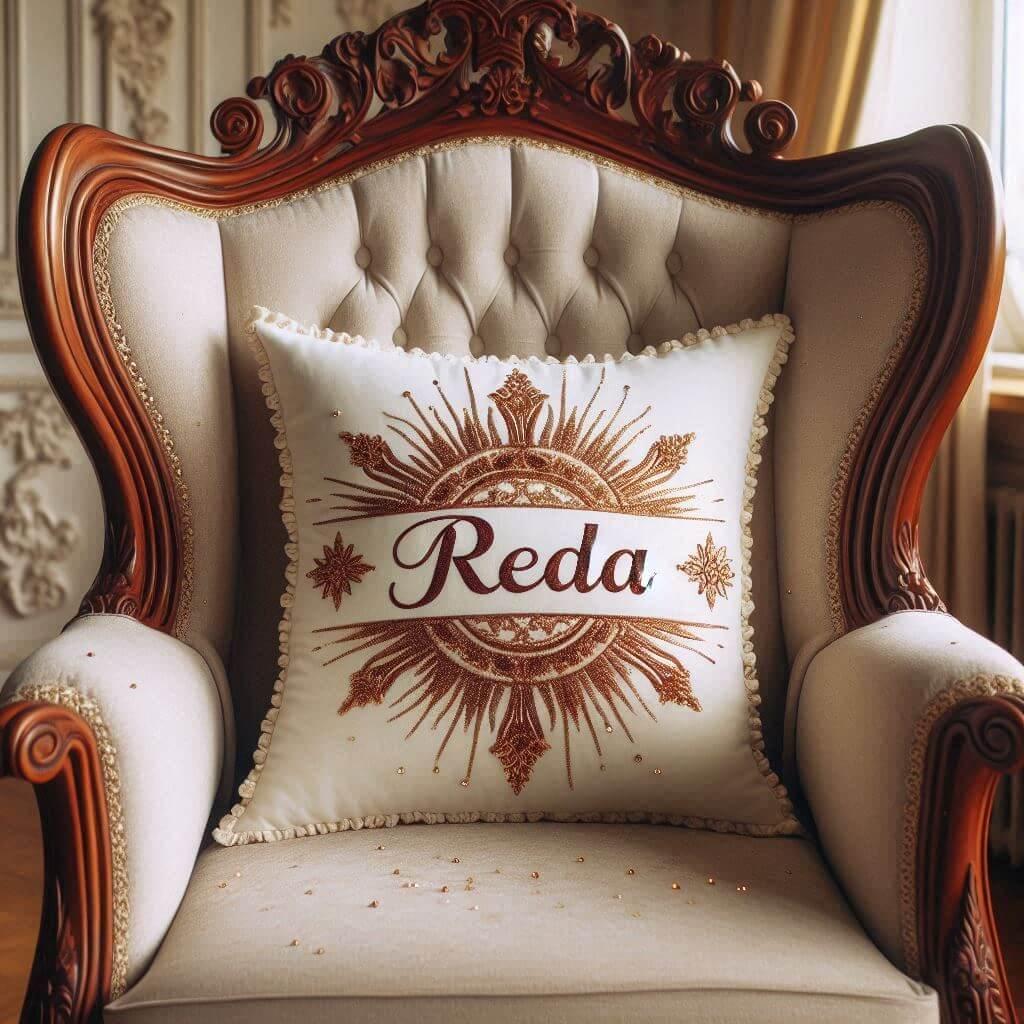 Un coussin avec le prenom reda sur un fauteuil elegant 1