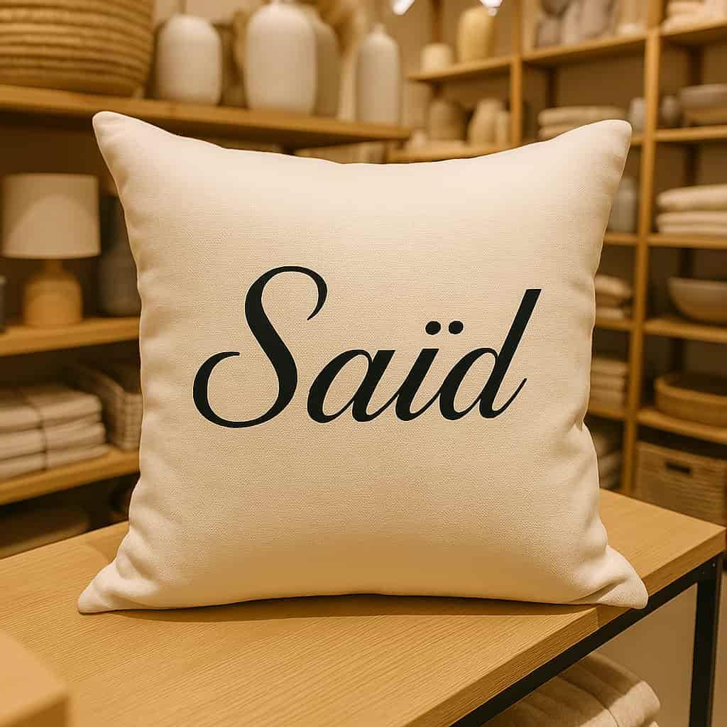 Un coussin avec le prenom said dans un magasin de deco