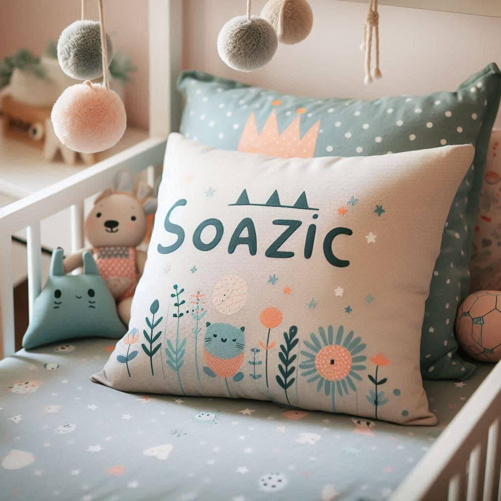 Un coussin avec le prenom soazic sur un lit d enfant 1