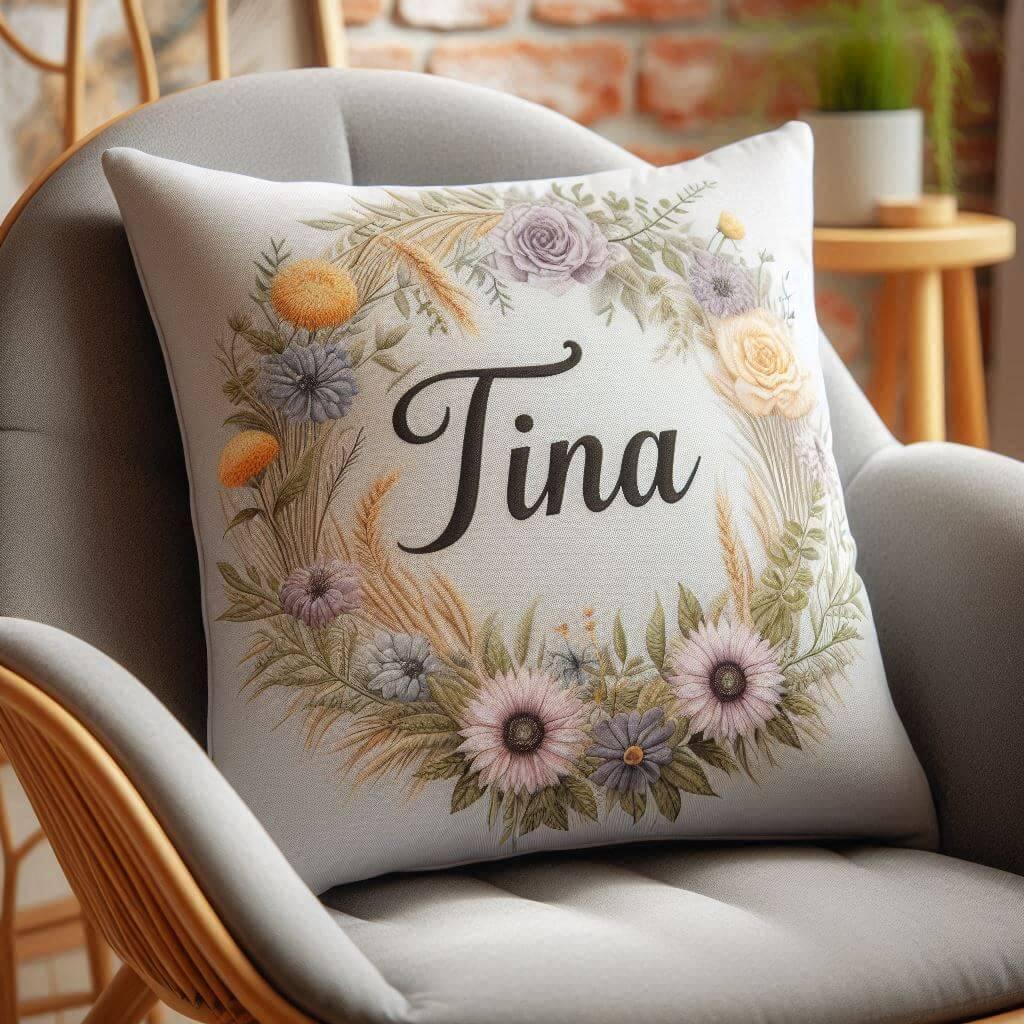 Un coussin avec le prenom tina sur un fauteuil moderne 1