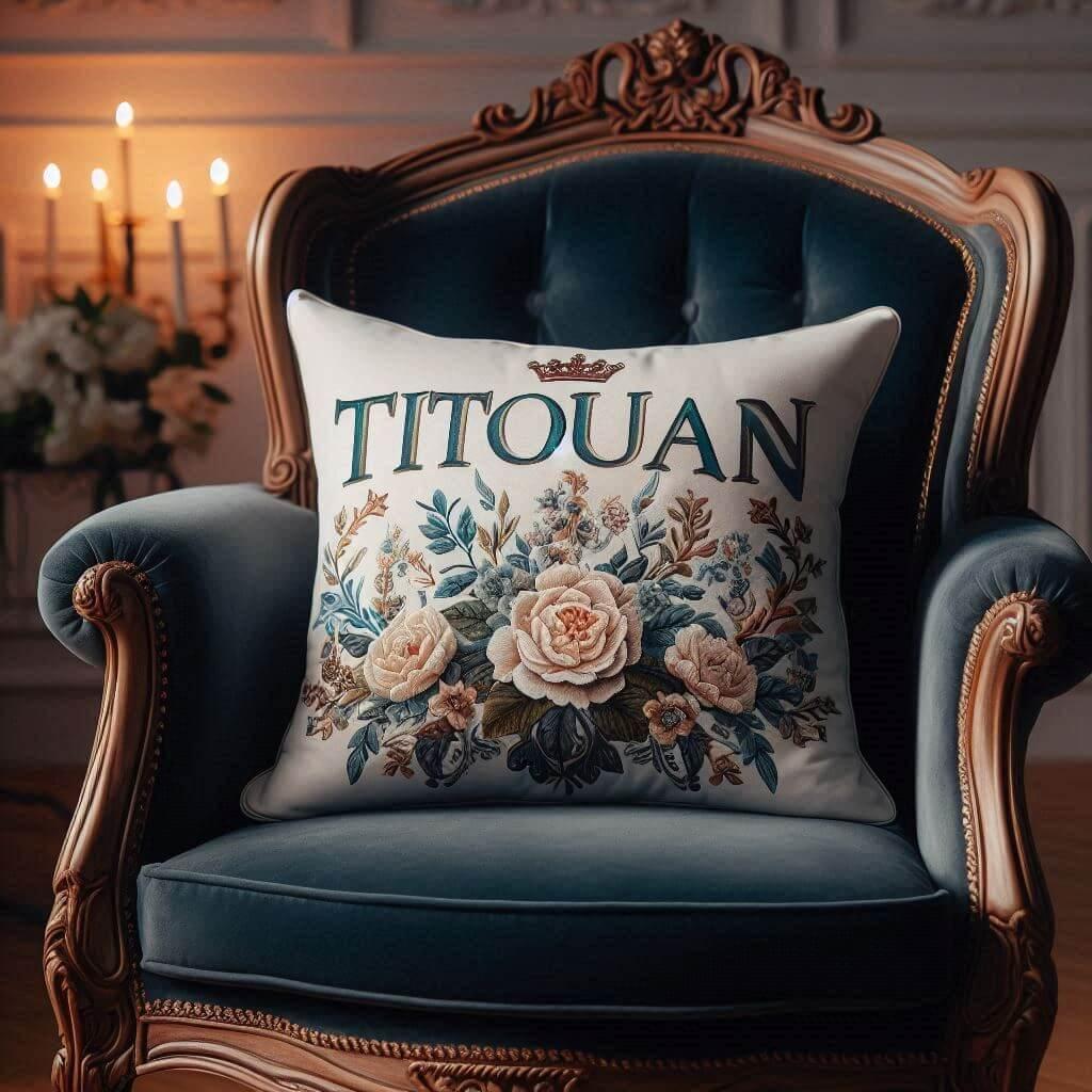 Un coussin avec le prenom titouan sur un fauteuil elegant 1