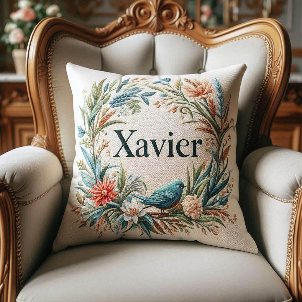 Un coussin avec le prenom xavier sur un fauteuil