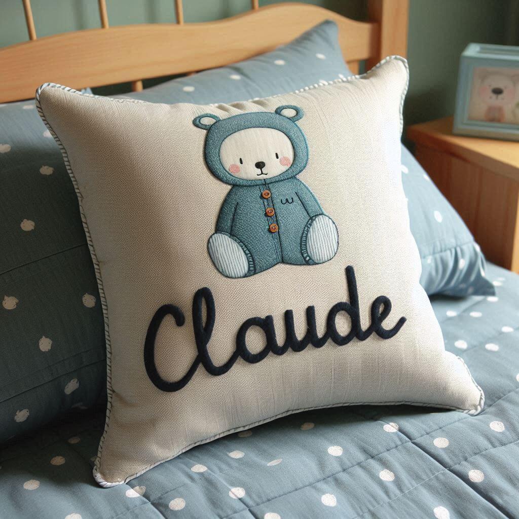 Un coussin en tissus avec le prenom claude sur un lit d enfantun coussin en tissus avec le prenom claude sur un lit d enfant 1