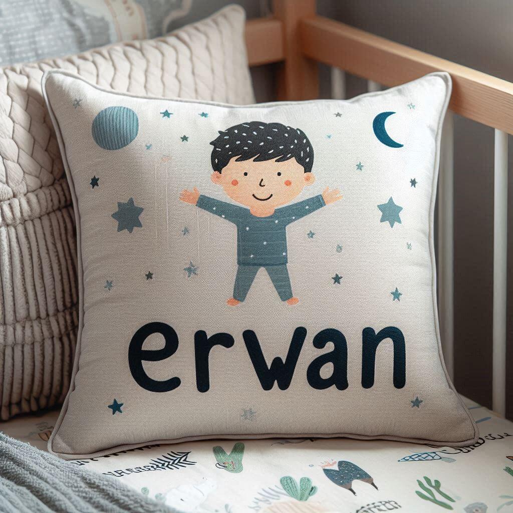 Un coussin en tissus avec le prenom erwan