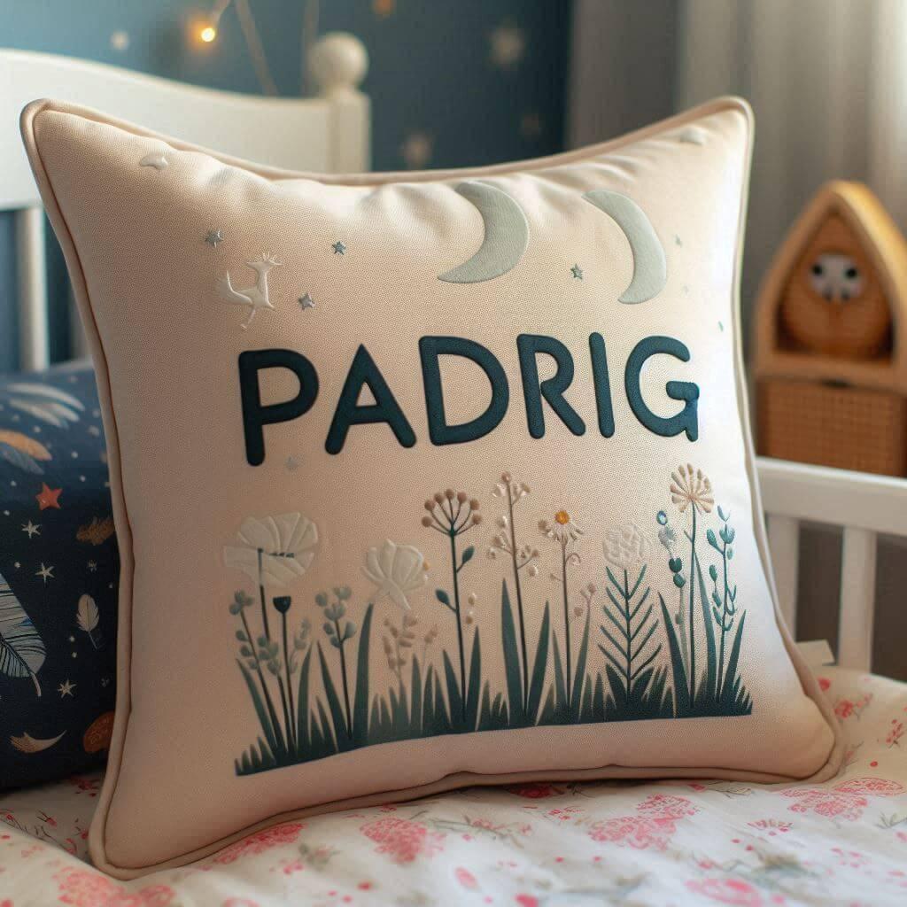 Un coussin en tissus avec le prenom padrig
