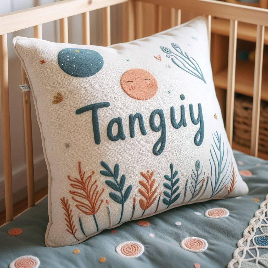 Un coussin en tissus avec le prenom tanguy
