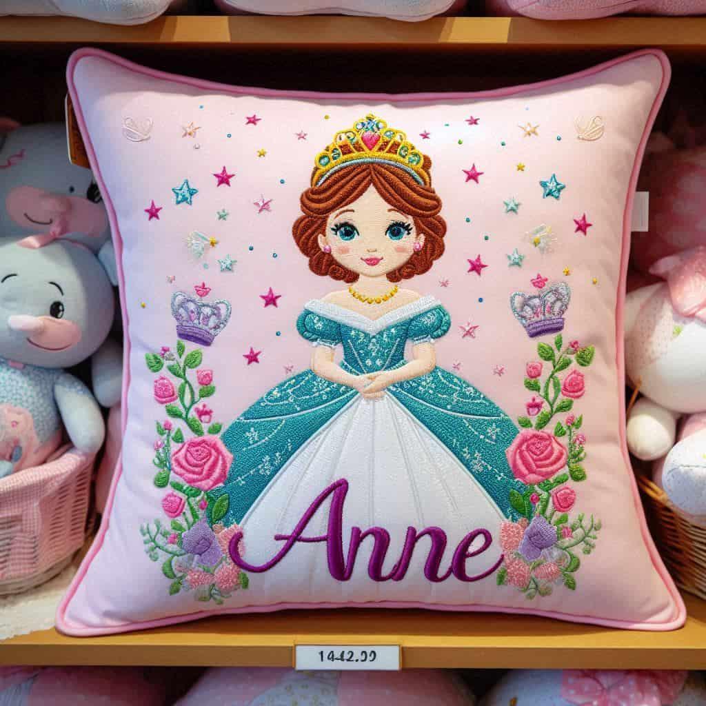 Un coussin personnalise avec le prenom anne theme princesse