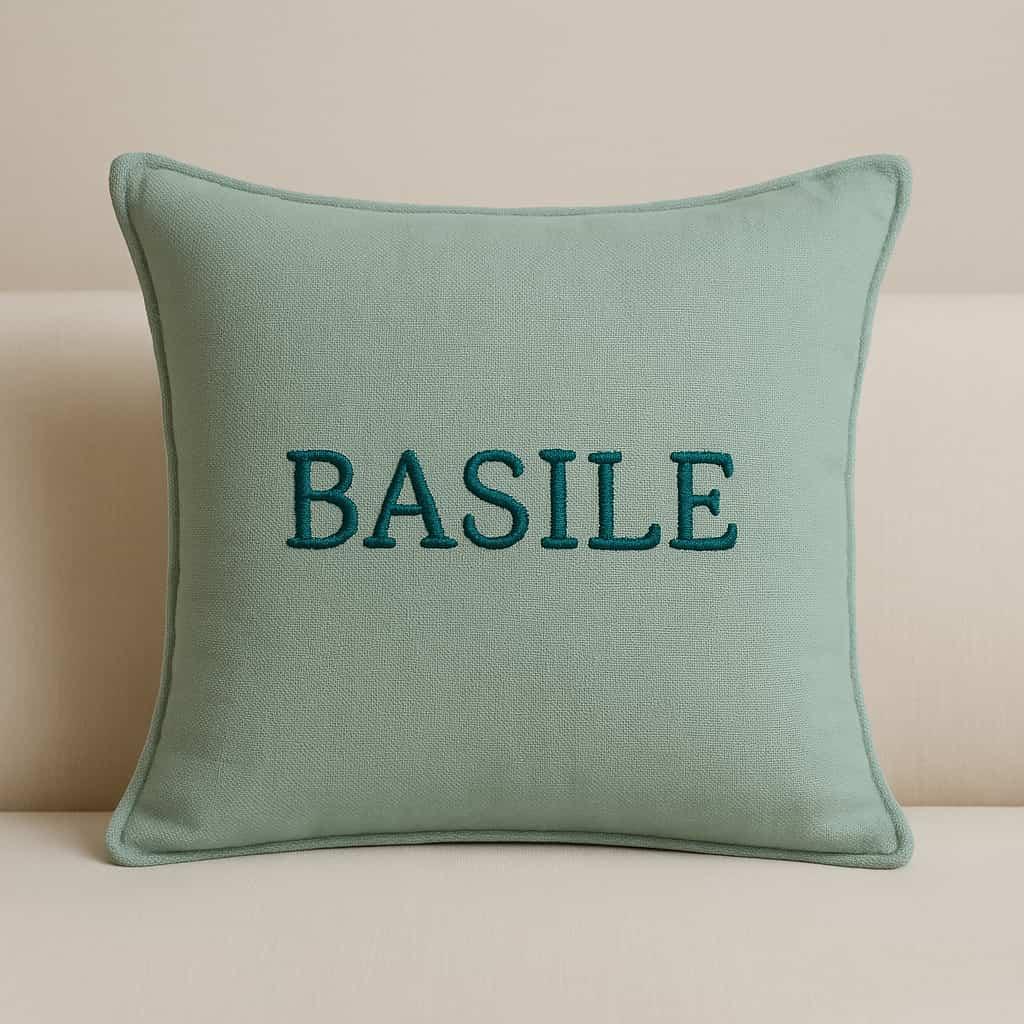 Un coussin personnalise avec le prenom basile brode dessus couleur vert d eau
