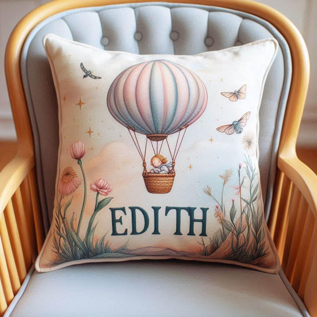 Un coussin personnalise avec le prenom edith sur un fauteuil d enfant