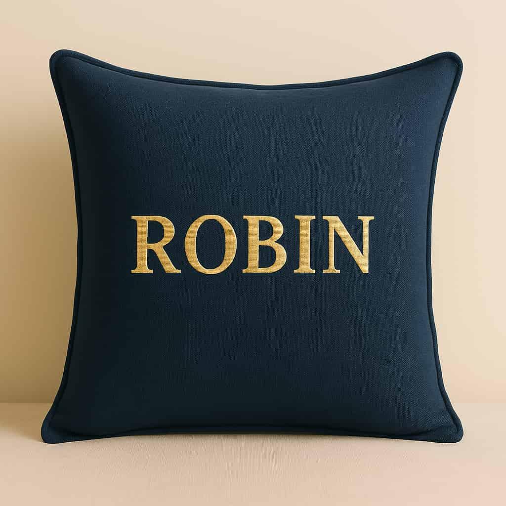 Un coussin personnalise avec le prenom robin brode dessus couleur bleu fonce elegant