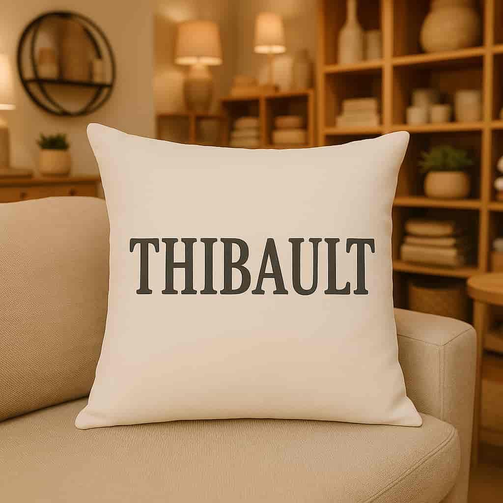 Un coussin personnalise avec le prenom thibault dans un magasin de deco