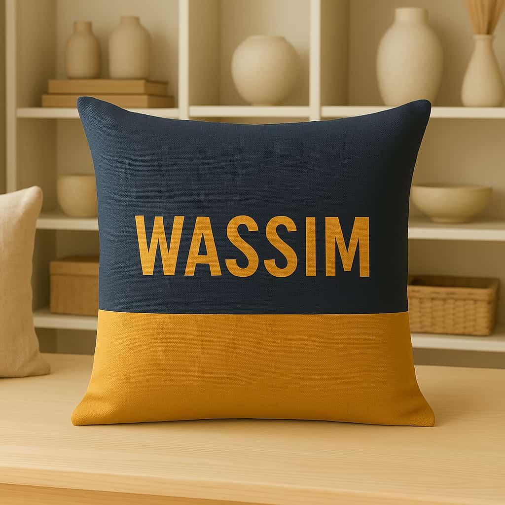 Un coussin personnalise avec le prenom wassim coussin bleu fonce et moutarde dans un magasin de deco