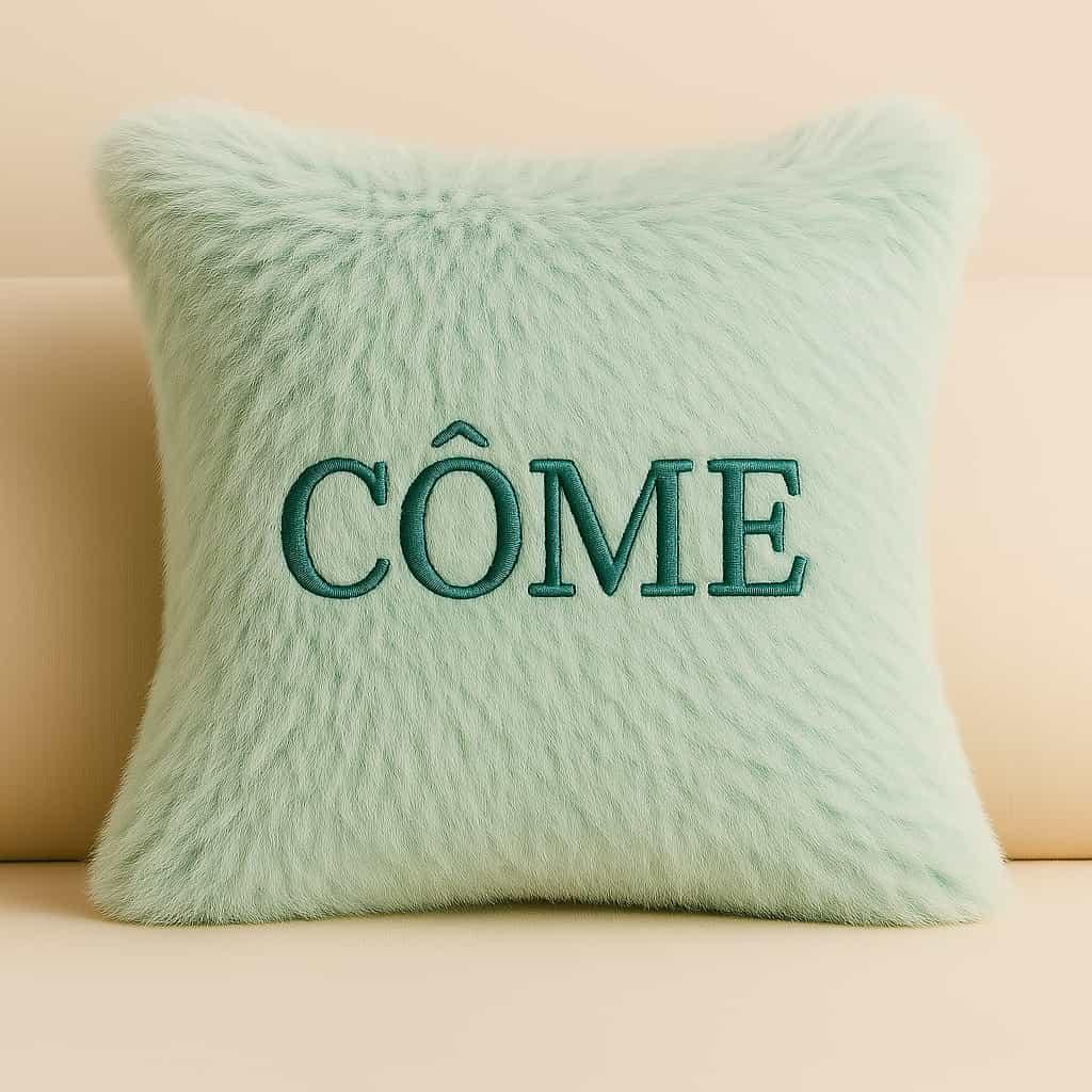 Un coussin personnalise en fourrure avec le prenom come brode dessus couleur vert d eau