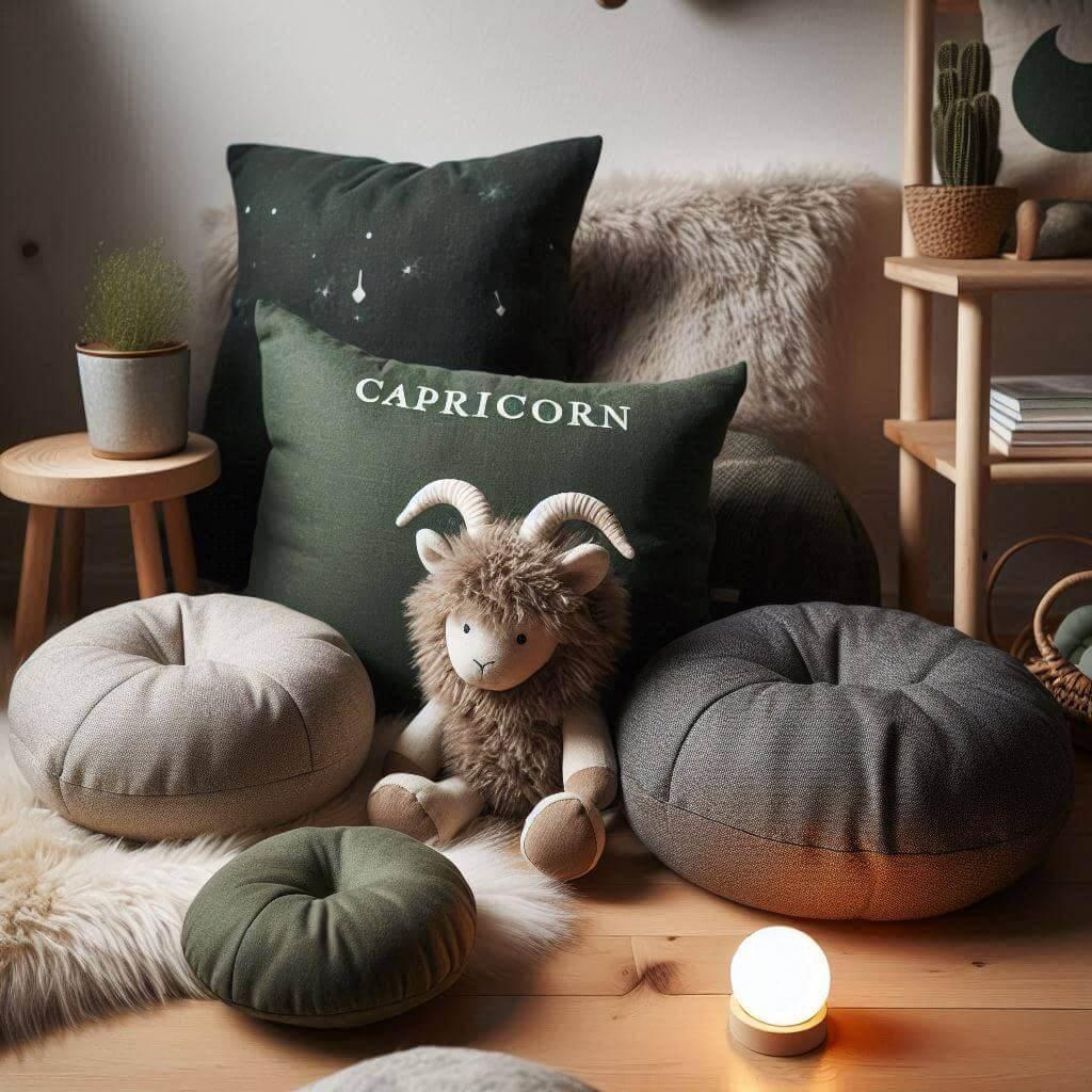 Un espace au sol pour enfant avec des coussins en coton organique dans des tons de gris fonce vert foret et marron terre un tapis doux en fourure une veilleuse minimaliste allumee